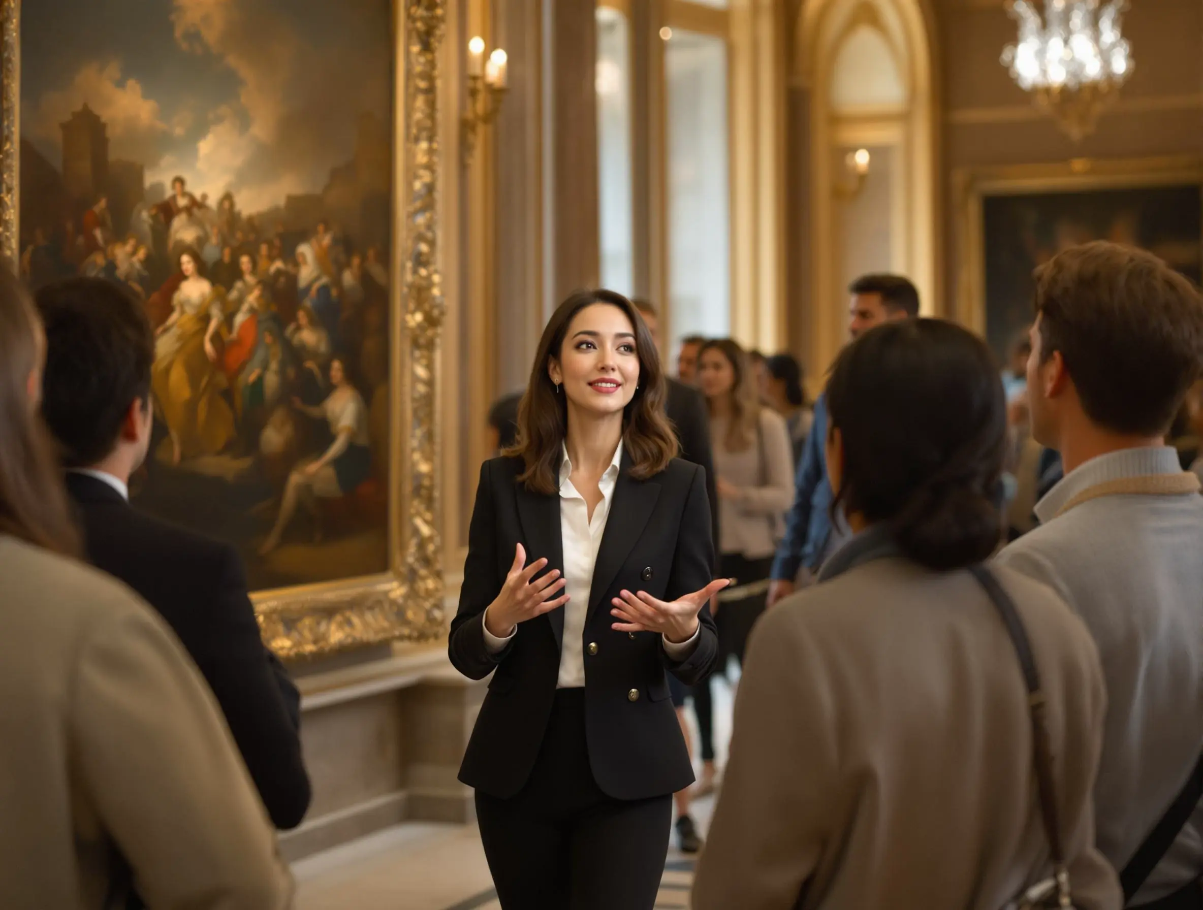 파리 박물관에서 그림을 설명하는 가이드